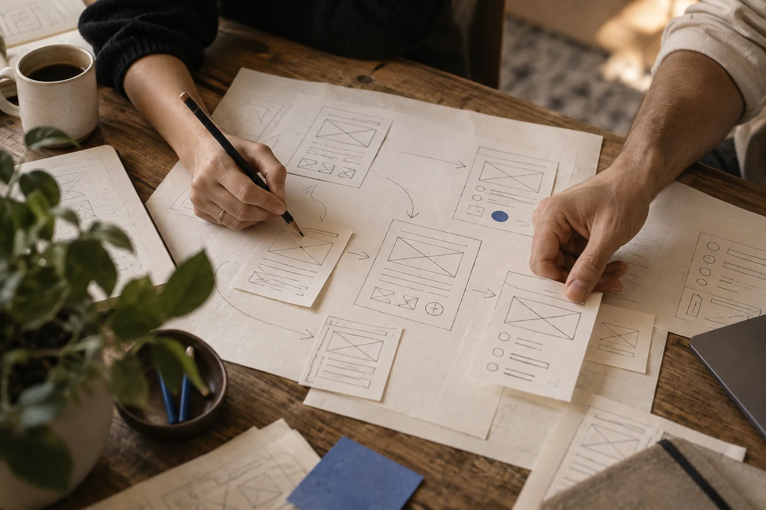 Hands arranging and drawing paper interface sketches